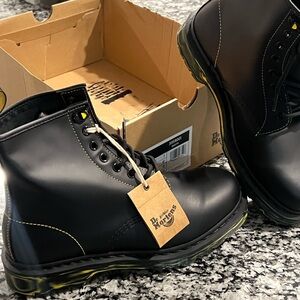 Dr. Martens Black Leather Boots with Yellow Stitching